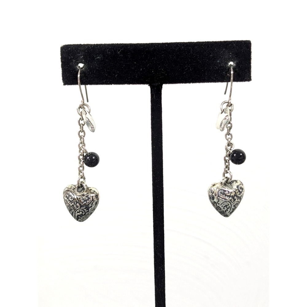 Silver Tone Puffy Heart Dangle Earrings Star Charm Black Bead Repousse Style